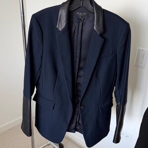 rag & bone Women's Navy Blazer with Black Leather Details
